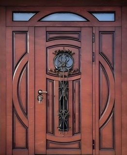 Парадная входная группа с терморазрывом, остеклением и ковкой (МДФ шпон с патиной) Парадная входная группа с терморазрывом, остеклением и ковкой (МДФ шпон с патиной)