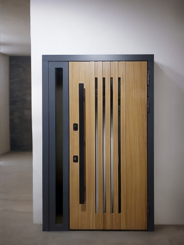 Современная дверь с комбинированной МДФ отделкой и боковой вставкой Современная дверь с комбинированной МДФ отделкой и боковой вставкой