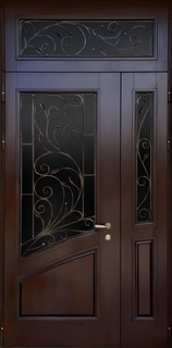 Полуторная остекленная термодверь с фрамугой и ковкой (МДФ со шпоном) Полуторная остекленная термодверь с фрамугой и ковкой (МДФ со шпоном)