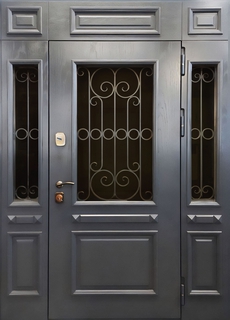 Остекленная термодверь с коваными решетками (серые панели МДФ с багетом) Остекленная термодверь с коваными решетками (серые панели МДФ с багетом)