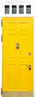 Металлическая термодверь с фрамугой, стукалкой и отбойником (МДФ с бело-жёлтым окрашиванием)