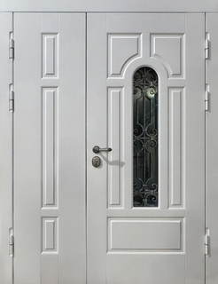 Входная полуторастворчатая термодверь с окном и решеткой (панели МДФ белого цвета)