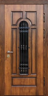 Металлическая термодверь с окном и кованой решеткой (панели МДФ со шпоном)