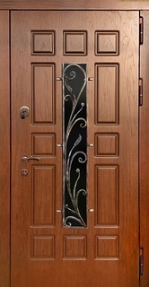 Входная морозостойкая термодверь с решеткой и стеклом (МДФ с фрезеровкой)