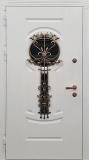 Металлическая термодверь с белыми плитами МДФ RAL, со стеклом и накладной кованой решеткой