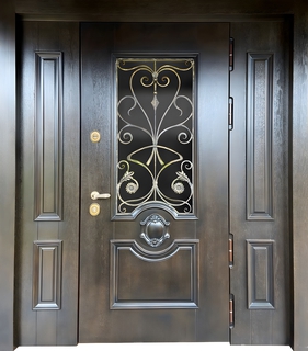 Входная коттеджная группа МДФ шпон с багетом, ковкой и стеклопакетом Входная коттеджная группа МДФ шпон с багетом, ковкой и стеклопакетом